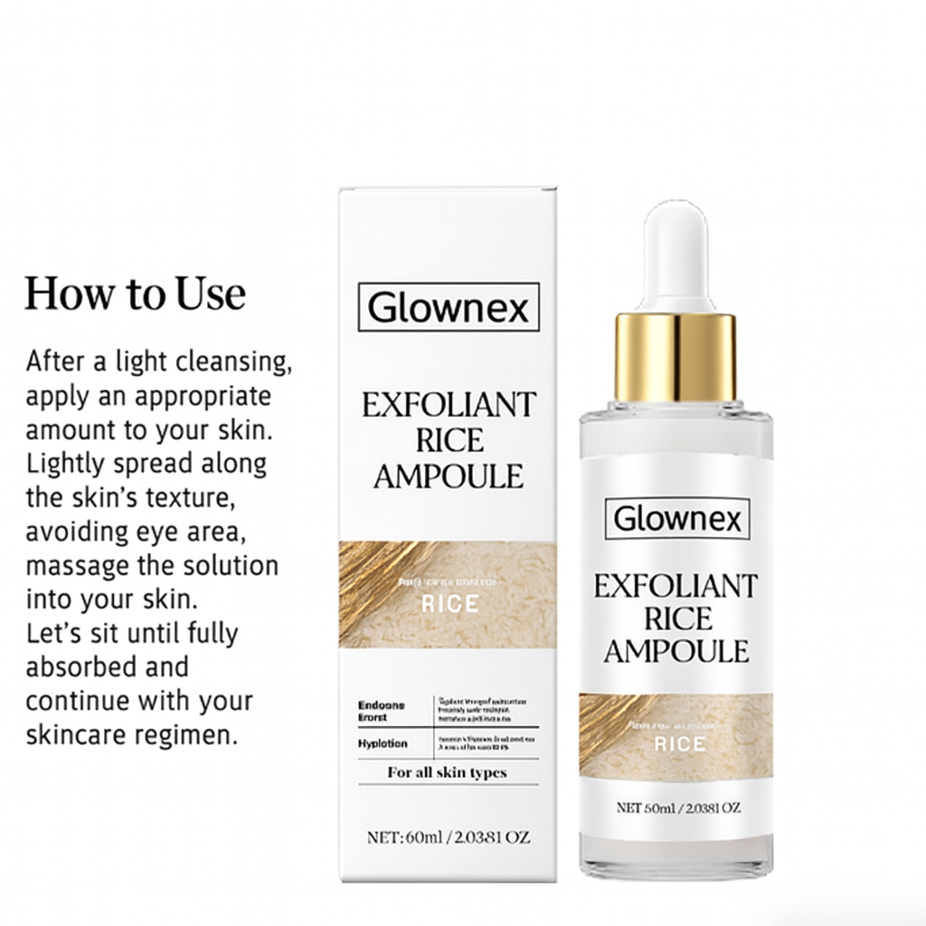 Glownex Exfoliant Rice Ampoule serum bottle with rice grains for skincare routine