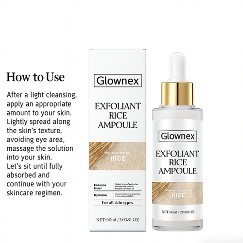 Glownex Exfoliant Rice Ampoule serum bottle with rice grains for skincare routine