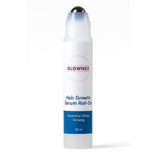 Glownex Hair Growth Serum roll-on for thicker hair with rosemary, biotin, and ginseng