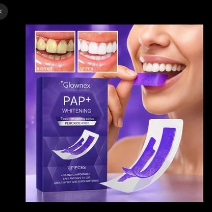 Purple teeth whitening strips applied to teeth for easy drying and whitening process
